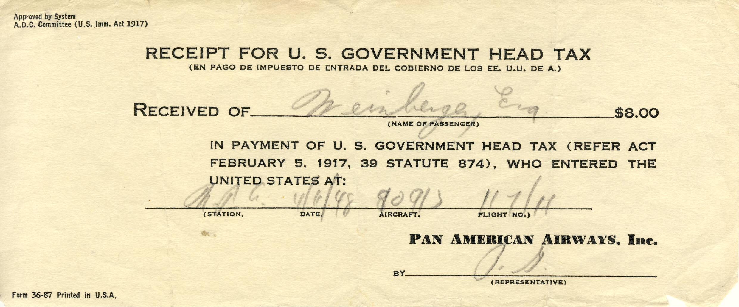 va's Head Tax Document to enter US in 1948