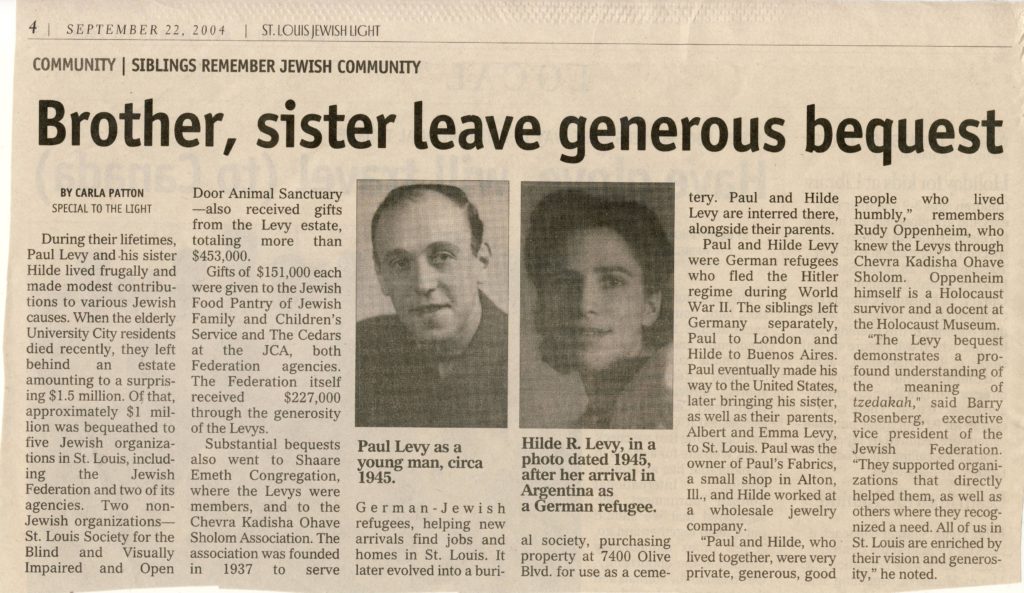 Article about Hilde and Paul Levy