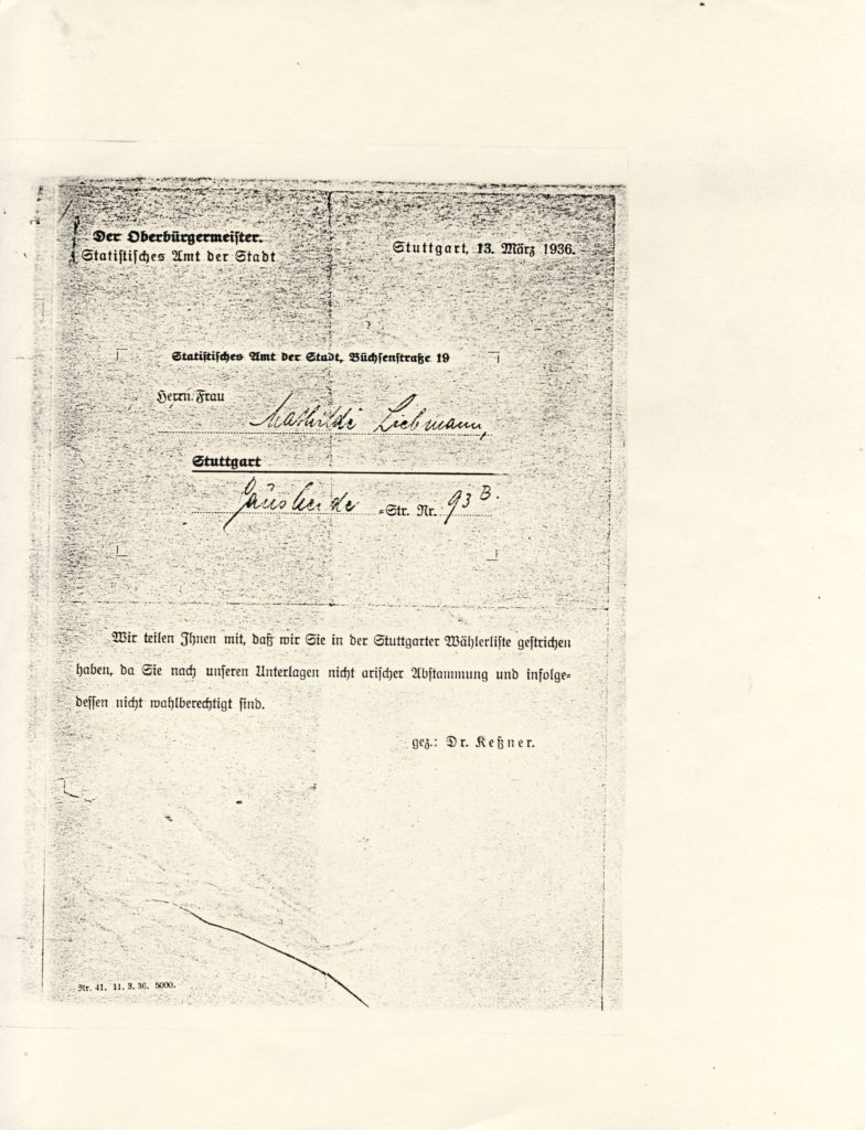 Mathilde Liebmann's letter in German denying her right to vote