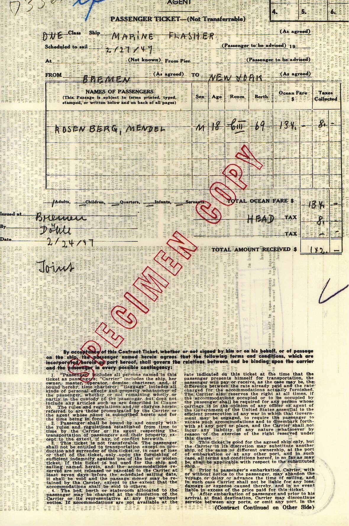 Passenger Ticket from Bremem 1947