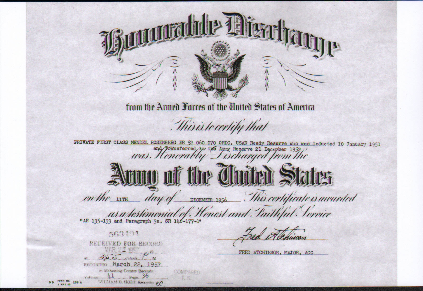 U.S. Army. Honorable Discharge Papers in 1956