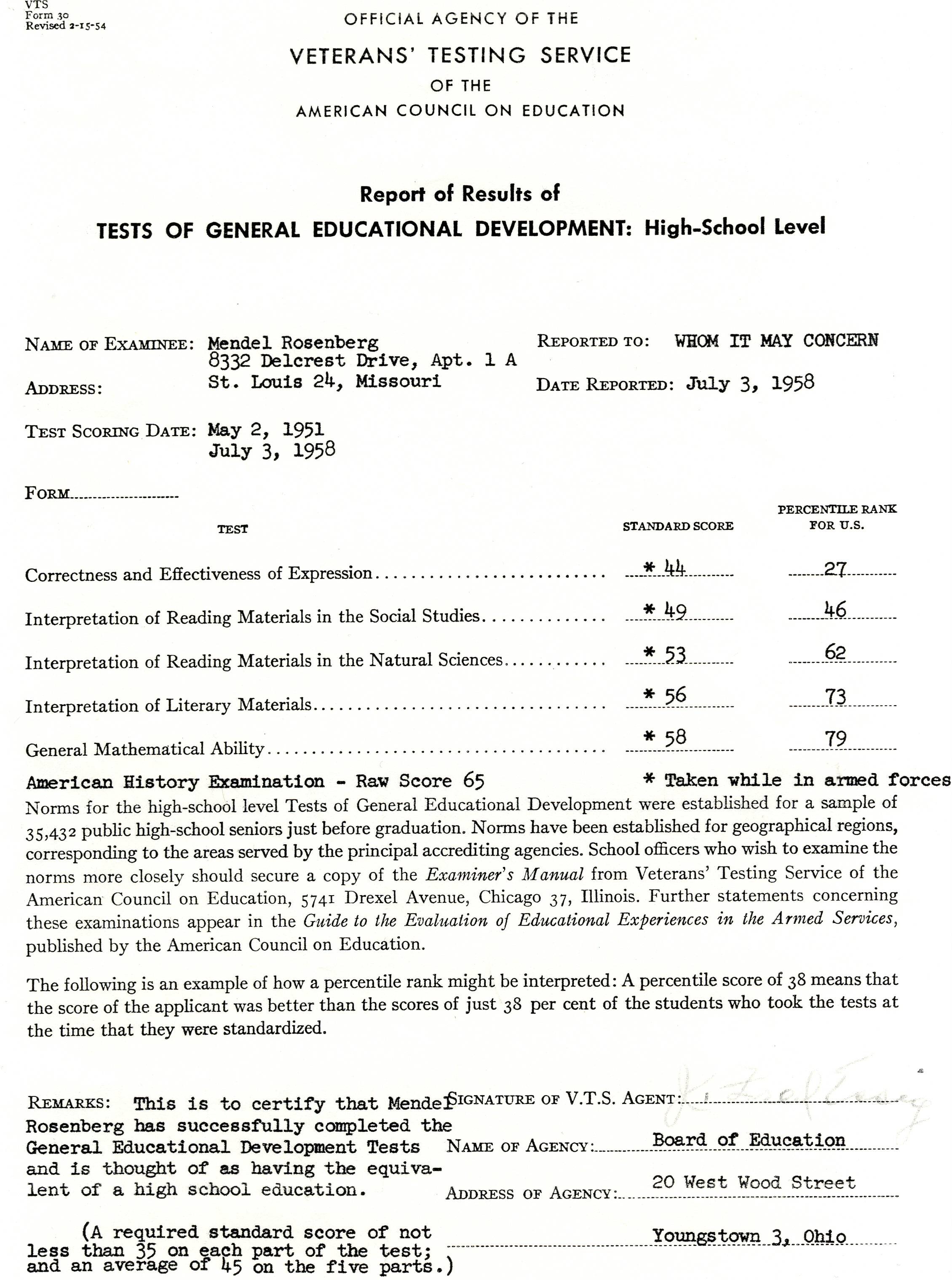 GED Test Results 1958
