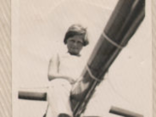 #6 Winterfeld, Ruth on mast of father's racing yacht Pustebach 1931 (Blowing Wind) Ruth on mast of father's racing yacht