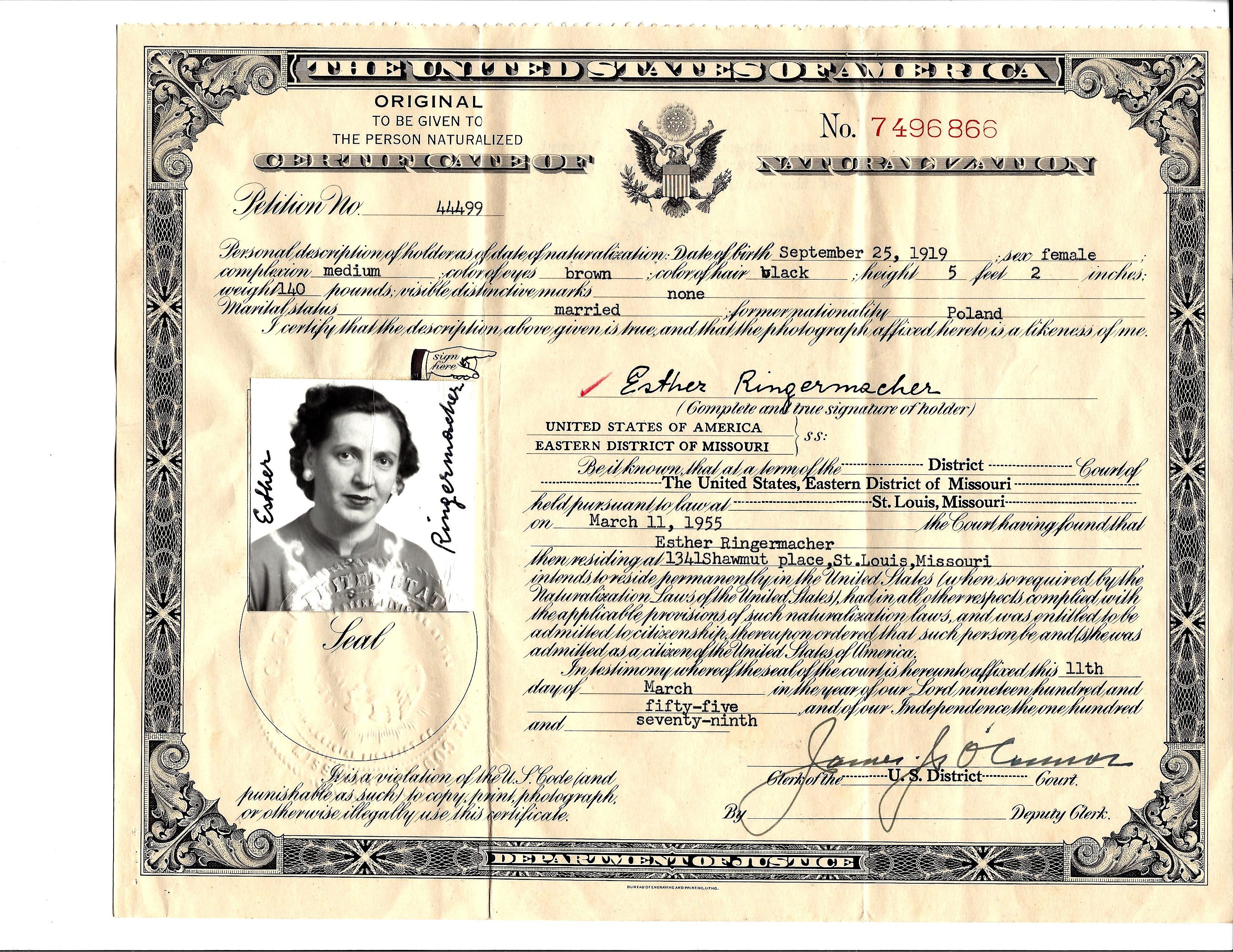 Esther Ringermacher Citizenship Document