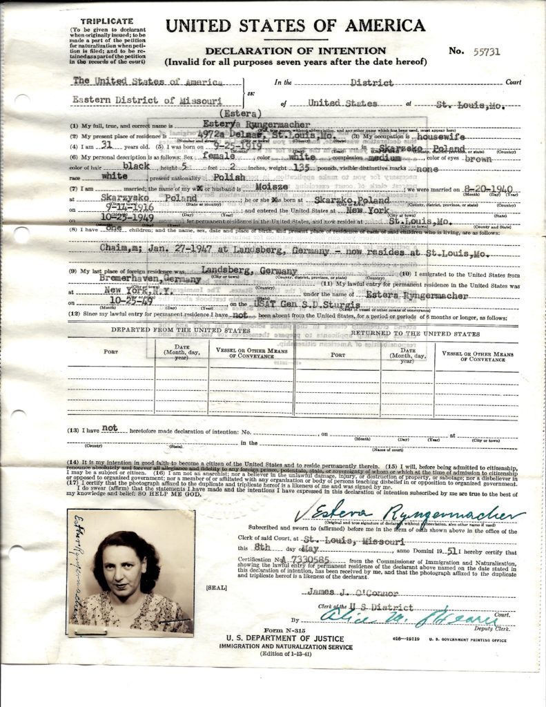 Esther Ringermacher Naturalization Intent Document