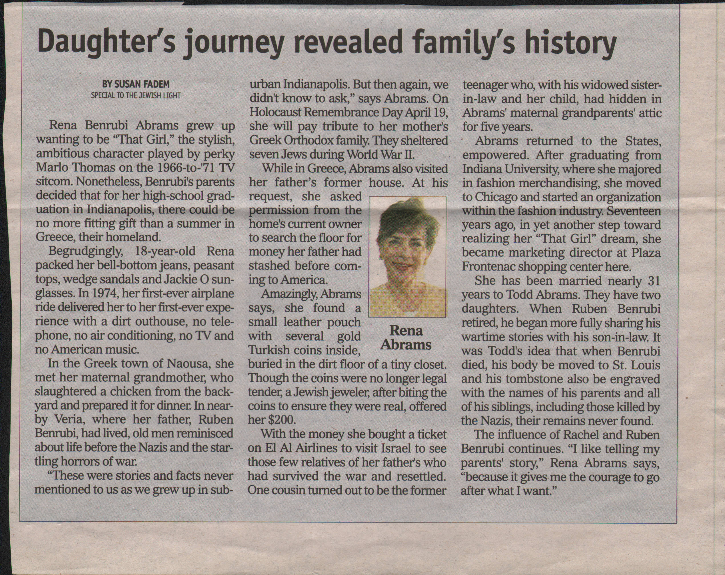 Newspaper Article by Rachel's Daughter, Rena Abrams