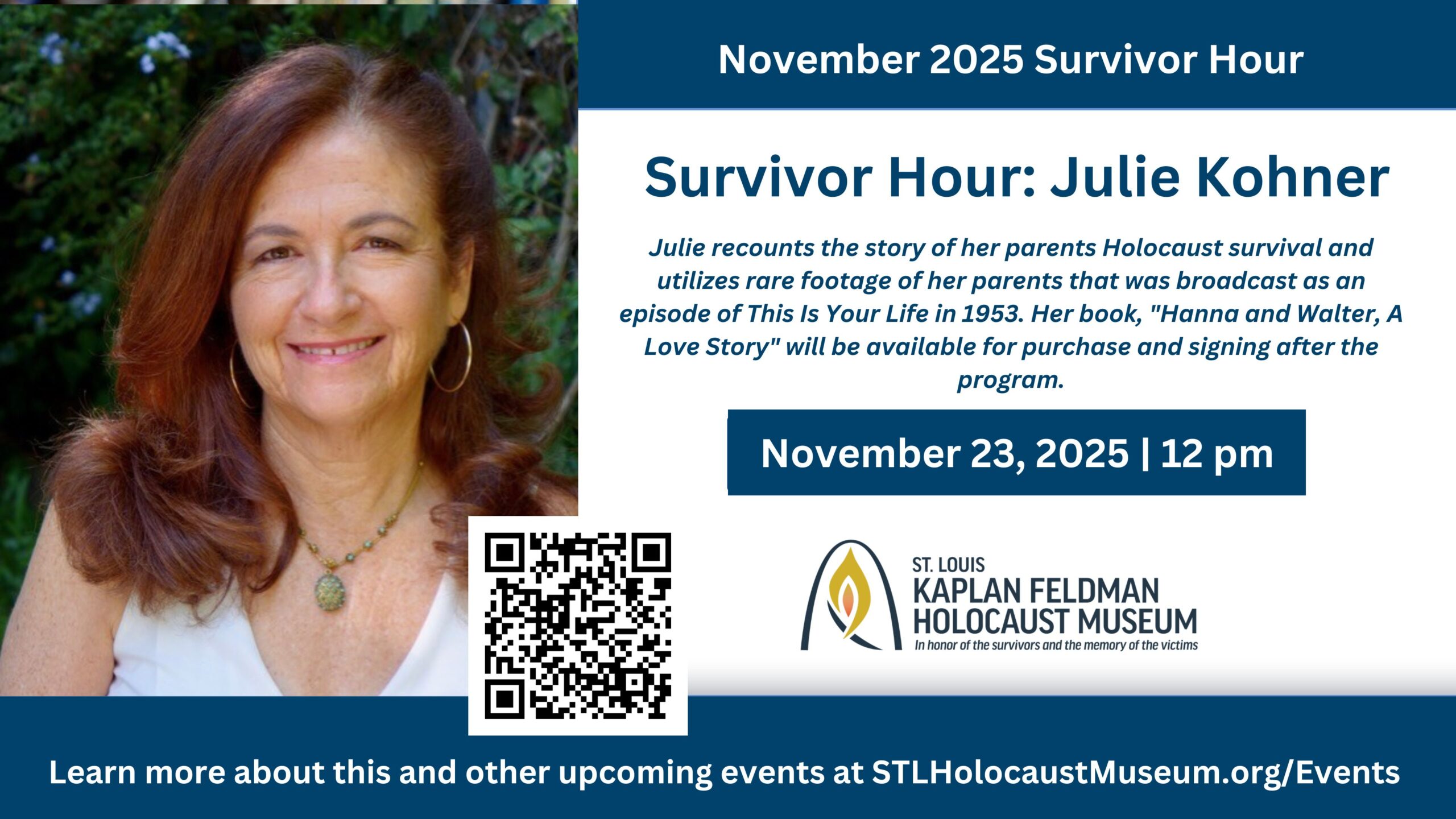 November Survivor Hour Flyer for survivor hour with descendant Julie Kohner